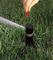 sprinkler repair specialist adjusts a pop up sprinkler head witha a phillips head screwdriver